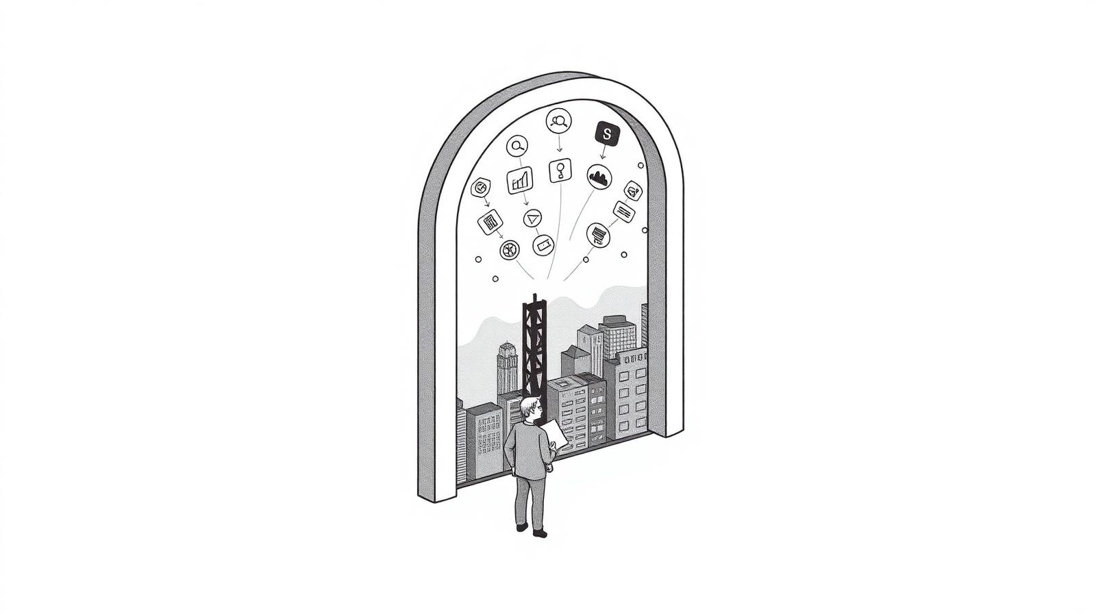 Illustration of a small founding team walking through a gateway toward a San Francisco skyline